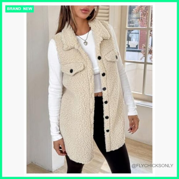 Fuzzy Fleece Vest Sleeveless Button Down Thigh Length Teddy Coat - Picture 4 of 5